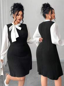 Elenzga Plus Size Patchwork Long Sleeve Ribbed Tie-Up Dress