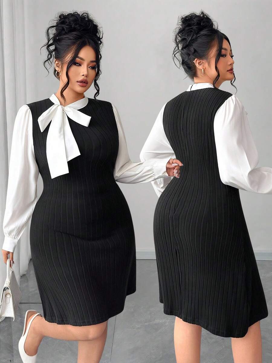 Elenzga Plus Size Patchwork Long Sleeve Ribbed Tie-Up Dress