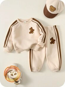 2pcs/Set Baby Boy Cute Beige Bear Graphic Long Sleeve Sweatshirt And Jogger Pants Tracksuit Set, Unisex Baby Clothes, Baby Winter Clothes - Multicolor - View 1