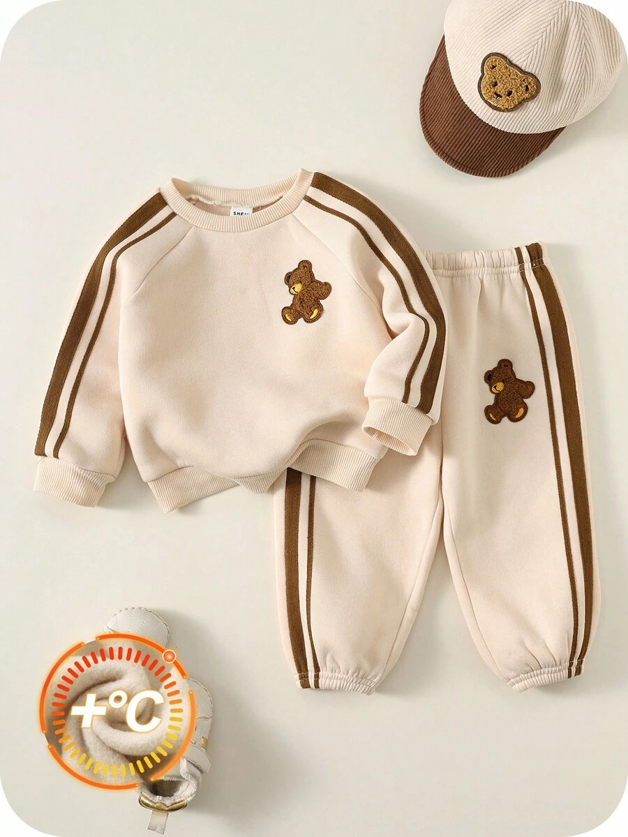 2pcs/Set Baby Boy Cute Beige Bear Graphic Long Sleeve Sweatshirt And Jogger Pants Tracksuit Set, Unisex Baby Clothes, Baby Winter Clothes - Multicolor - View 1
