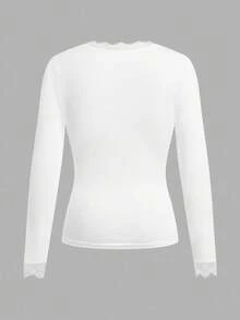 Tseoso 95% 纯棉深 V 领蕾丝边修身长袖 T 恤，适合秋冬季，分层穿着 - 白色 - 查看 3