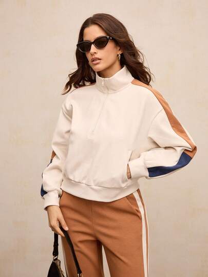 Activina 女式撞色落肩长袖拉链半开襟口袋羊毛衫