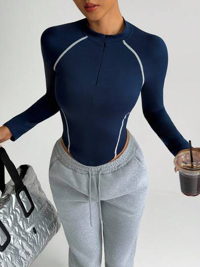 SHEIN Dewbera ملابس علوية رياضية ضيقة بأكمام طويلة وسحاب ملون للنساء