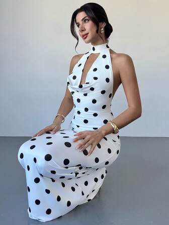 Firerie เดรสยาวเข้ารูป พิมพ์ลายจุด คอลึก ผูกโบว์หลัง เปิดหลัง สำหรับผู้หญิง เหมาะสำหรับใส่ไปออกเดท งานเลี้ยงสังสรรค์ งานบอล ในวันหยุด ฤดูใบไม้ร่วง/ฤดูหนาว