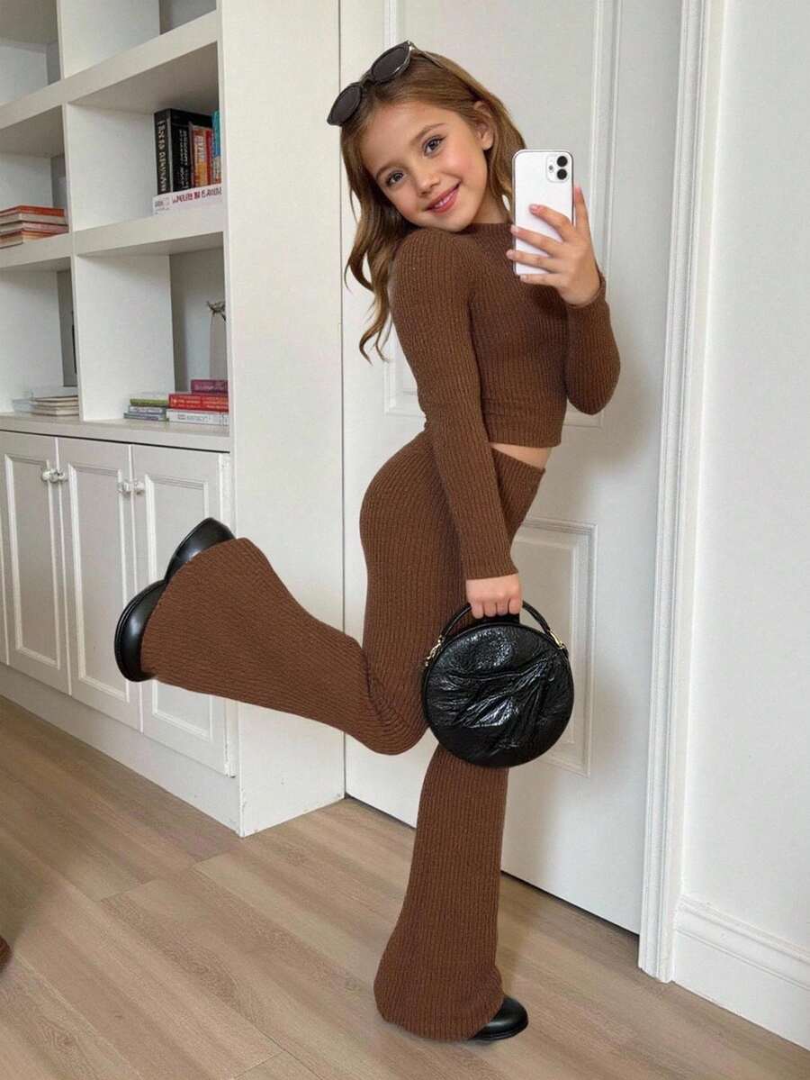 2pcs Tween Girl Solid Color Knit Cropped Polo Neck T-Shirt And Flared Pants Set - Mocha Brown - View 1