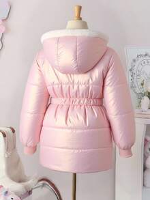 SHEIN 青少年女孩甜美连帽棉服夹克，束腰，简约时尚中长款棉质外套，冬季 - 粉色 - 查看 2