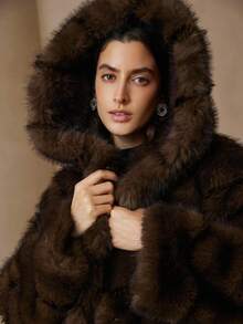 Aveloria Rosie 全新时尚简约百搭奢华修身高端设计女式连帽仿皮草大衣 - 棕色 - 查看 2