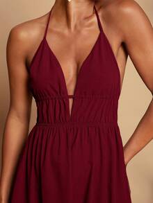 Travachic 女式纯色V领无袖连衣裙 - 紅色 - 查看 5