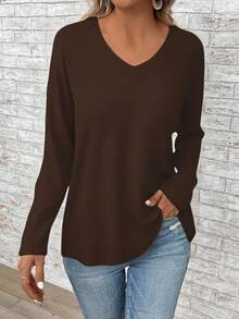 SHEIN LUNE Casual Loose Fit Coffee Color Long Sleeve T-Shirt For Plus Size Women, Suitable For Autumn/Winter