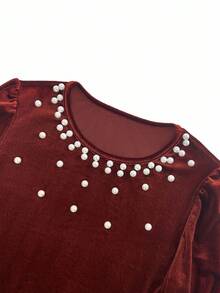 Franclia Women's Elegant Long Sleeve Pearl Decor Party Dress, Long Brown Dress For Wedding Guest, Autumn/Winter, Christmas - Burgundy - View 4