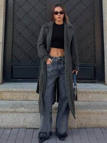 DAZY Cappotto lungo da donna con bavero oversize e doppio petto, antivento, adatto per autunno/inverno - Grigio Scuro - Visualizzare 4