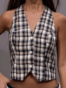 MUSERA Top corto ajustado con cuello en V y botones a cuadros, para salir de noche, uso diario, primavera, verano, otoño e invierno - Multicolor - Ver 6