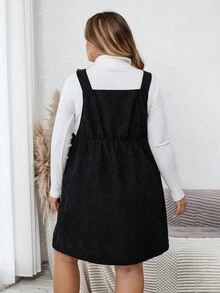 SHEIN CURVE+ Plus-Size Women's Large-Size Early Autumn Corduroy Dress With Suspenders, Spring And Autumn Black Short Skirt, Casual Basic Dress With Suspenders