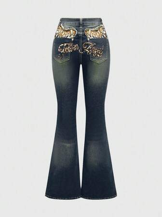 J-Fashion Damen Y2K Leoparden-Muster Flügel Grafik Vintage Stil Tasche Taillengerade Schlagjeans