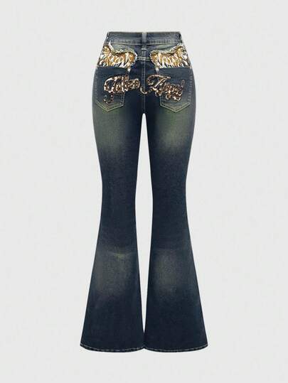 J-Fashion جينز بخصر منخفض وقصة واسعة بطبعة نمر وجرافيك جناح بطراز عتيق مع جيوب للنساء