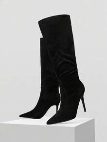 Mnmlis Botas altas elegantes de cuero patentado rojo vino con hebilla de metal, tacones altos delgados