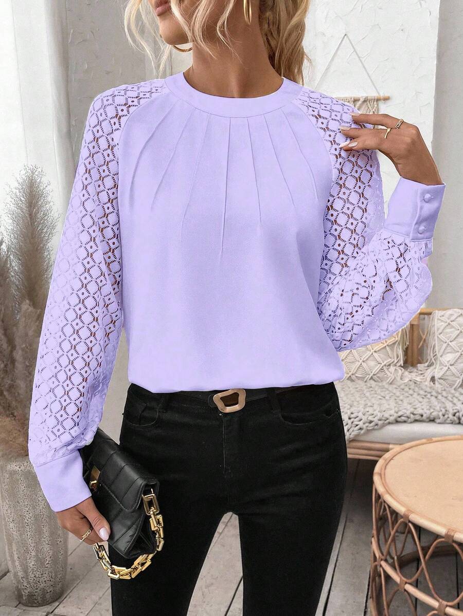 EMERY ROSE Women's Solid Color Casual Loose Fit Round Neck Long Sleeve Shirt - Lilac Purple - View 1