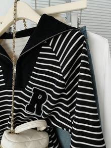 INAWLY Letter Embroidery Polo Collar Zip-Up Striped Long Sleeve Sweatshirt - Black - View 6