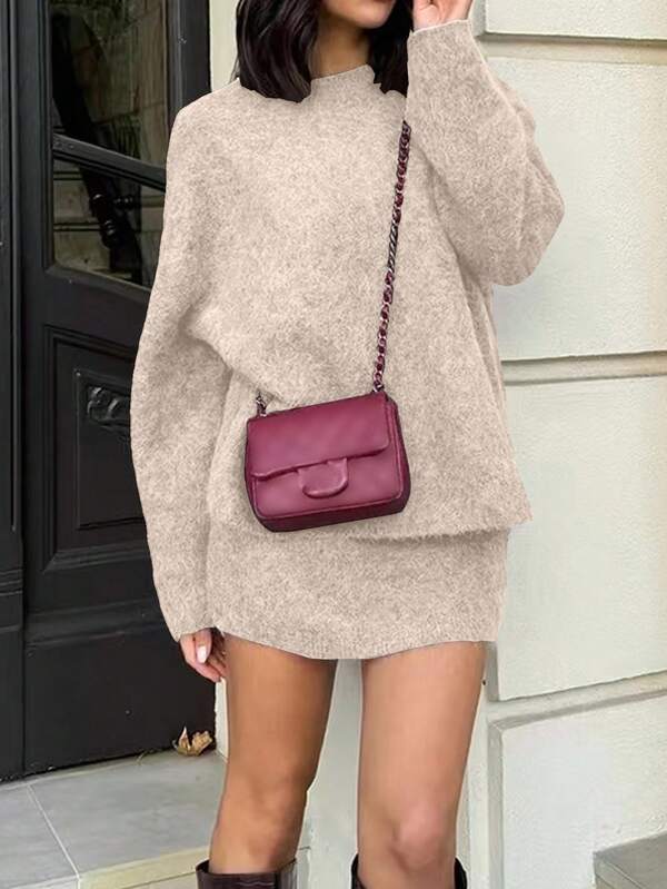 EMERY ROSE Women's Grey Knit Sweater & Mini Skirt Set, Fashionable Crew Neck Long Sleeve, Christmas