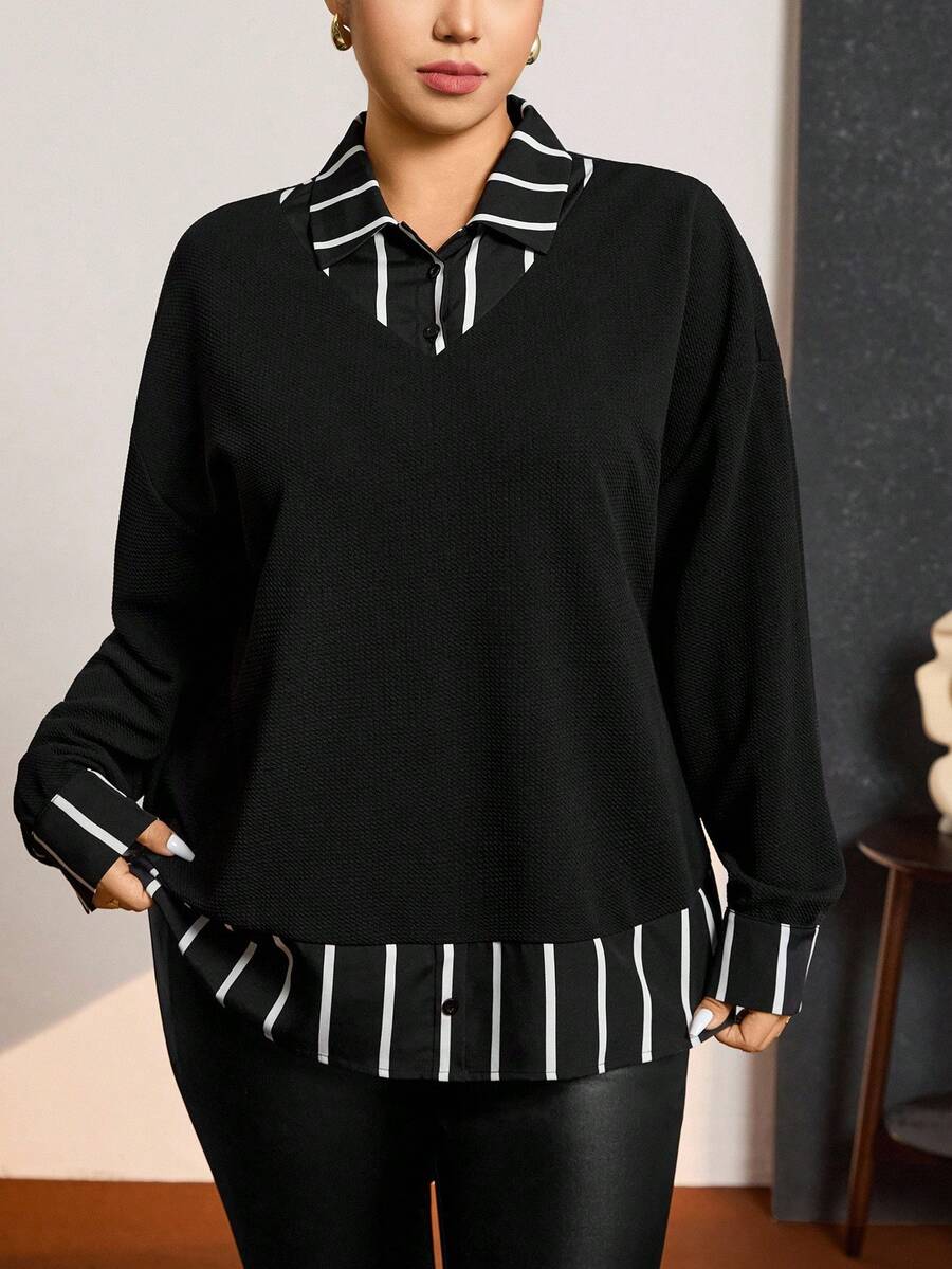 Zelara Plus Size Women's Black & White Contrast Collar 2 In 1 Top, Thanksgiving New Years Winter Rave Cozy Fall Christmas Top - Black and White - View 1