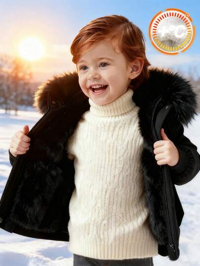 SHEIN 男婴带帽加厚羽绒服，仿毛领，保暖内衬，加厚保暖，舒适百搭，适合室内、室外、日常穿着、运动、玩耍、派对、节日、万圣节、圣诞节、新年等场合，是送给幼儿的理想圣诞礼物。这款连体羽绒服是男童冬季保暖服的理想之选。