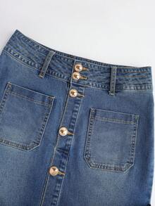 Qadelle Women's Solid Color Pocket Front Button Slit Casual Denim Skirt - Medium Wash - View 3