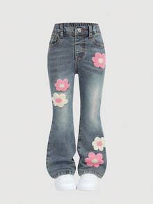SHEIN 年轻女孩粉色花卉刺绣复古蓝色牛仔弹力紧身喇叭裤 - 深色水洗藍 - 查看 6