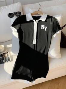 Attitoon Casual Minimalist College Style Polo Collar Contrast Color Black & White NY Letter Placement Print Pattern Women's Jumpsuit, Suitable For Early Autumn, Versatile Style, Vintage, Sexy, Cute, Y2K, Coconut Girl, Boho, Hippie, Music Festival, Suitable For Autumn/Winter