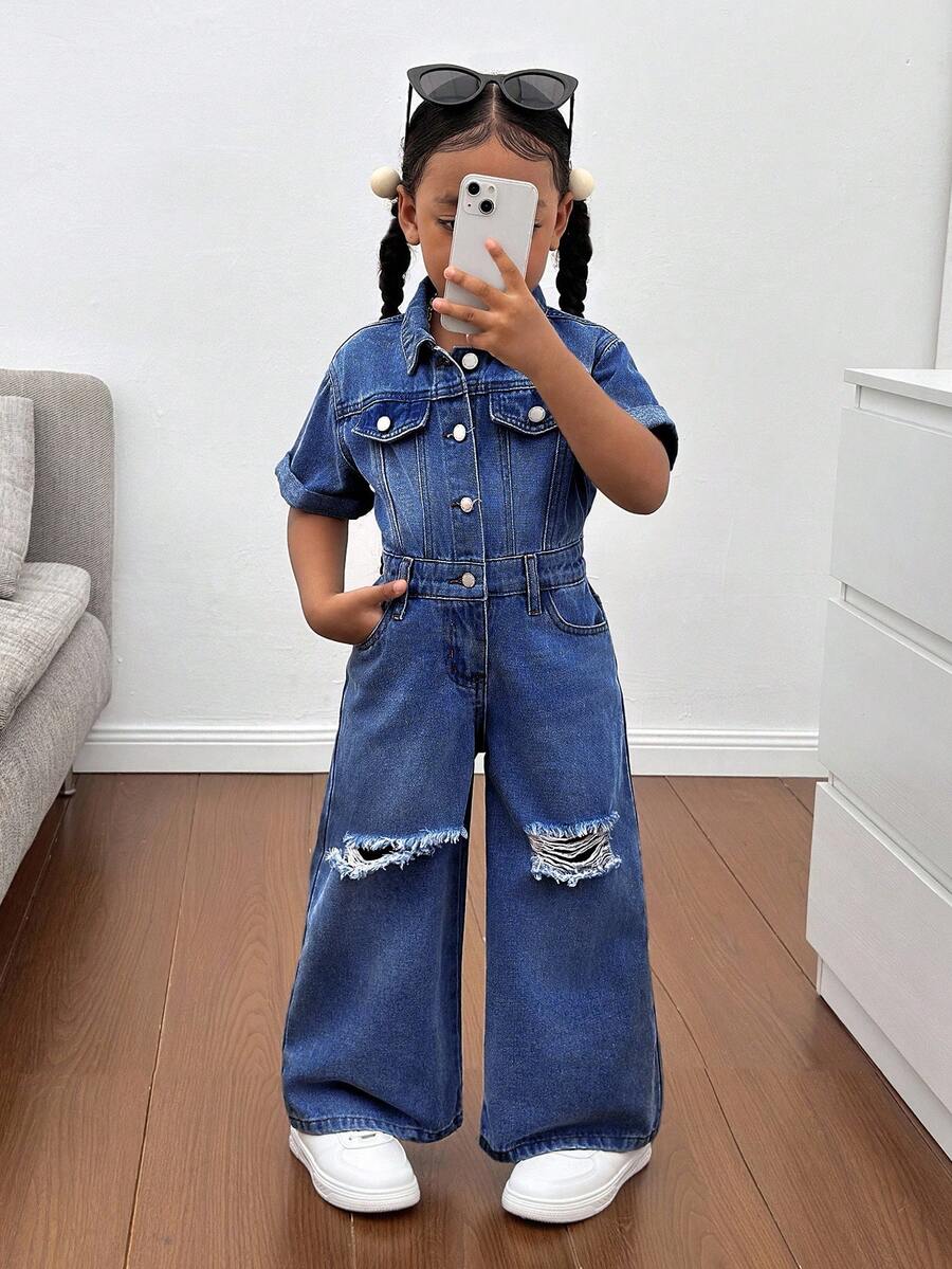 SHEIN Young Girl Blue Denim Ripped Shirt-Style One-Piece Trousers, A And Cool Street Look - Dark Wash - View 1