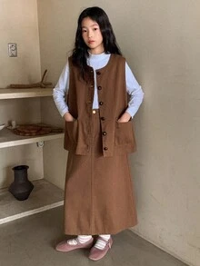 DAZY 2 件套青少年女孩牛仔背心 + 裙子套装，秋季服装 - 鏽棕色 - 查看 5