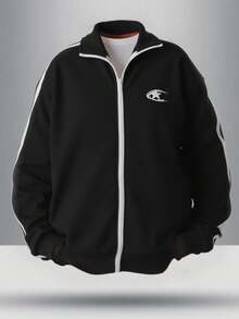 SHEIN Chaqueta de punto con estampado de logo de estrella casual para adolescentes, versátil y adecuada para ir y venir, la escuela, el uso diario casual, los viajes, las fiestas al aire libre, los deportes, otoño/invierno