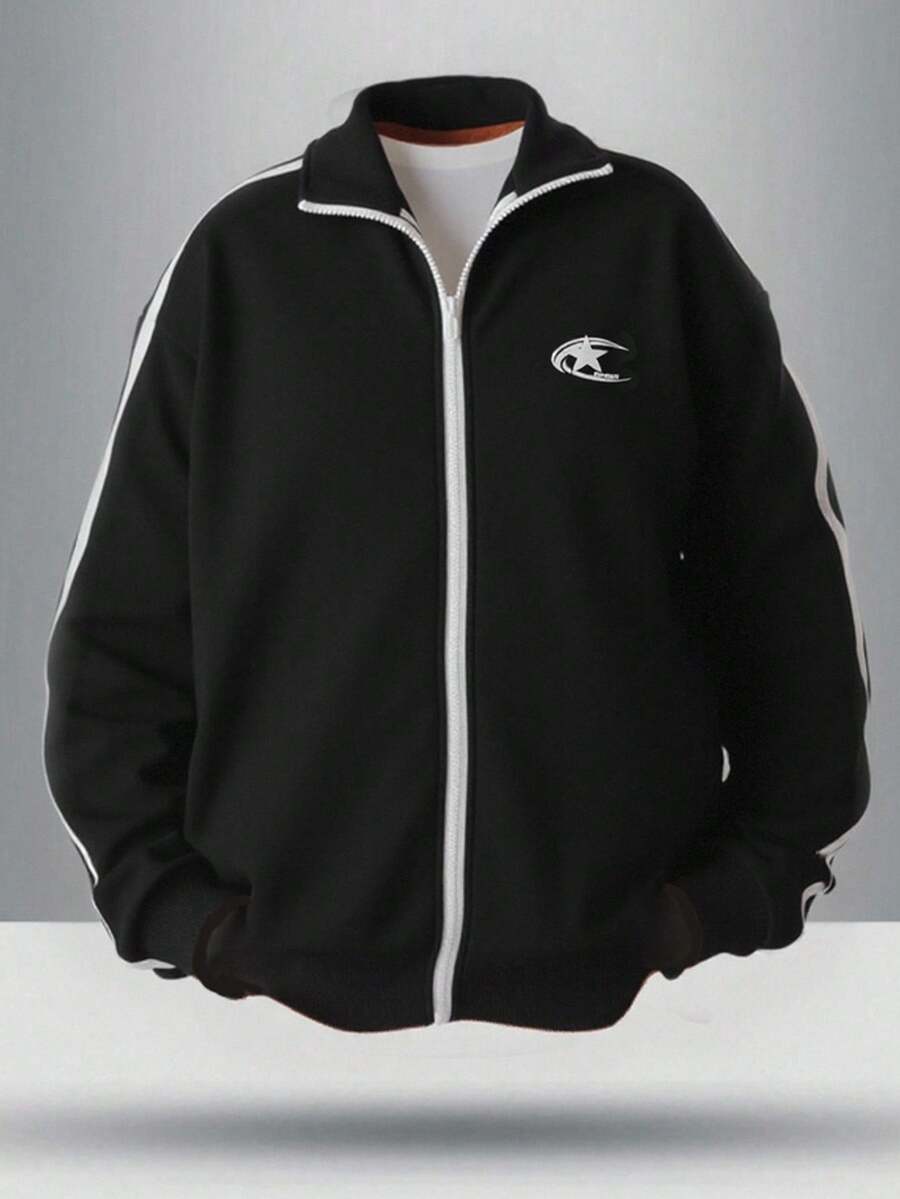 SHEIN Chaqueta de punto con estampado de logo de estrella casual para adolescentes, versátil y adecuada para ir y venir, la escuela, el uso diario casual, los viajes, las fiestas al aire libre, los deportes, otoño/invierno