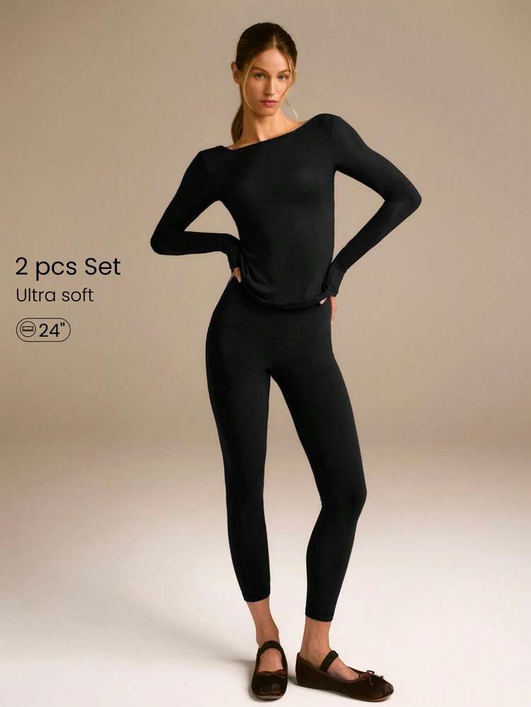2 Pieces FeatherFit™ PulseFit Soft Stretchy Sweat-Wicking Slim-Fit Long Sleeve Top And Legging Set Low Impact Yoga Pilates Studio Daily Active Wear