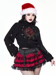 ROMWE Goth Suéter de cuello alto con bordado de corazón gótico y luna estrellada