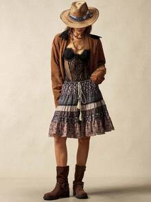 Bohemela Autumn Women's Vintage Music Festival Halloween Casual Vacation Floral Printed Ruffled Skirt With Waist Tie Loose Women Skirt, Western Country Style Concert Vacation, Suitable For Vacation & Daily Wear & Back To School - Multicolor - View 7