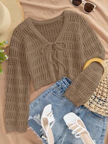 Travachic Áo khoác len mỏng thắt nơ trước khoét lỗ màu trơn dành cho nữ, thích hợp cho kỳ nghỉ, trang phục móc len thanh lịch dành cho nữ, trang phục Cottagecore mùa thu đông dành cho nữ - màu nâu - Xem 4