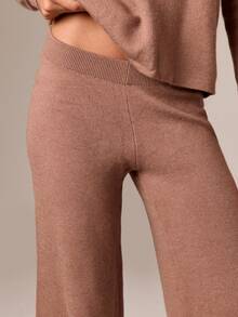 AiiRZ Pantalones de punto de pierna ancha para estar en casa, cómodos y acogedores, con cintura acanalada de talle alto, pantalones casuales de temporada de invierno y otoño, de longitud completa, de lujo y con pierna acampanada - Café integral - Ver 4