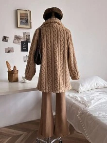 3 件套女童加大舒适毛绒针织长开衫、高领罗纹上衣和修身喇叭裤，冬季服装 - 棕色 - 查看 2