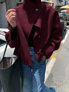 EMERY ROSE Women's Fashionable Stand Collar Overcoat, Autumn/Winter - Burgundy - View 3