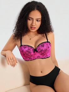 SHEIN 1pc Lace Patchwork Butterfly Decor Underwire Padded Bralette For Women - Hot Pink - View 3