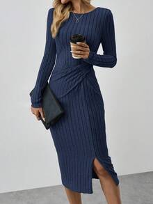 SHEIN LUNE Abito a metà lunghezza aderente da donna, con collo a giro, vita arricciata, spacco alto sulla coscia, texture morbida e costolata, adatto per uso casual, pendolare, elegante e all'aperto, comodo in autunno/inverno - Blu Navy - Visualizzare 5