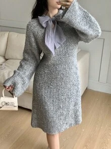 Modelyn Vestido de suéter de punto con lazo y manga larga holgada informal para mujeres, ropa de otoño e invierno