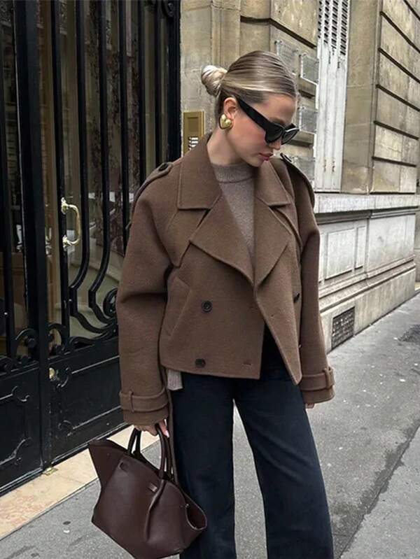 Siren Gaze Damen einfarbiger minimalistischer lässiger Wollmantel mit Langarm und Crop-Schnitt, Neuheit für Herbst/Winter