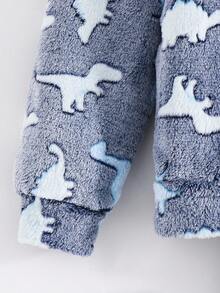 SHEIN 2 件套青少年男孩可爱恐龙图案连帽长袖上衣和柔软毛绒睡裤套装，舒适亲肤，秋冬 - 藍色 - 查看 6