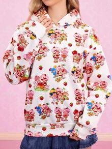 Strawberry Shortcake X SHEIN Women's Funny & Cute All-Over Print Dropped Shoulder Loose Hoodie - White - View 1