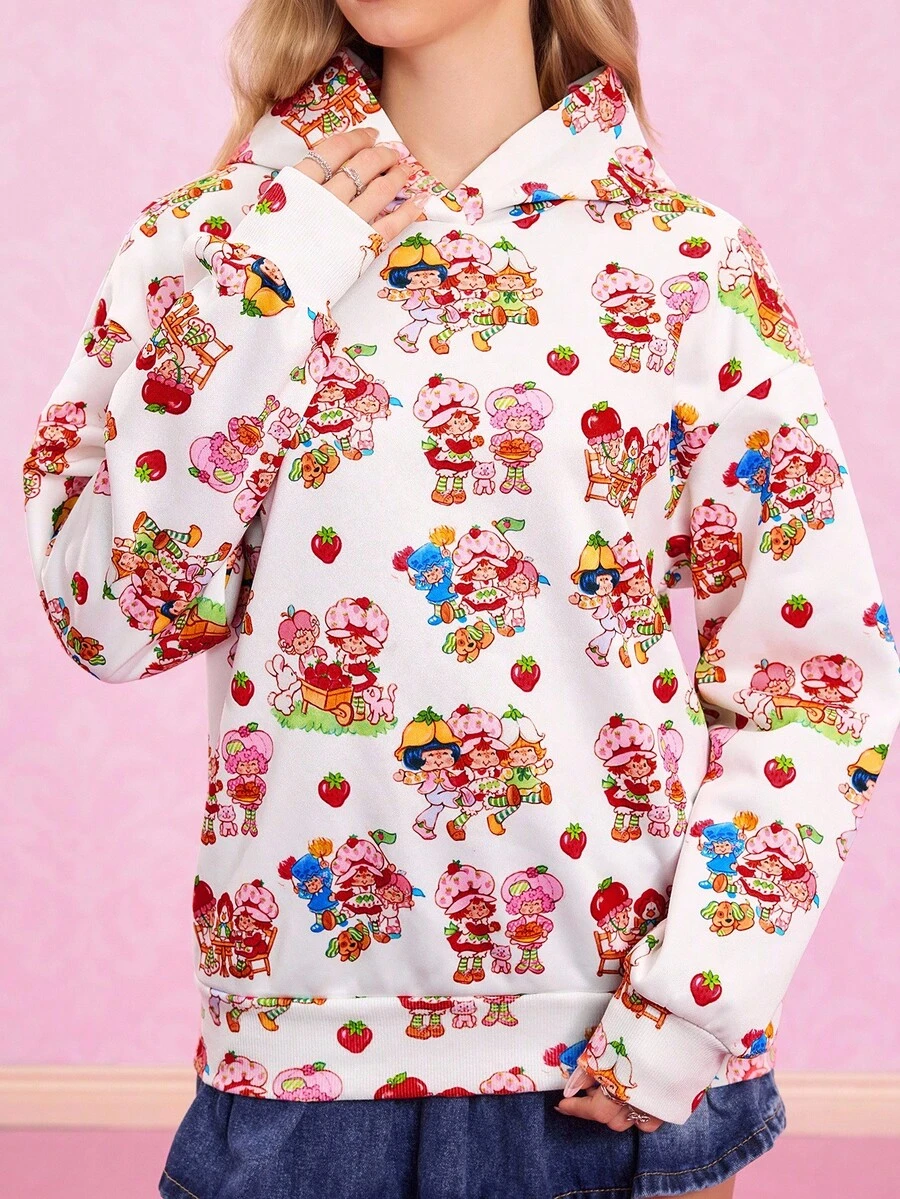 Strawberry Shortcake X SHEIN Women's Funny & Cute All-Over Print Dropped Shoulder Loose Hoodie - White - View 1
