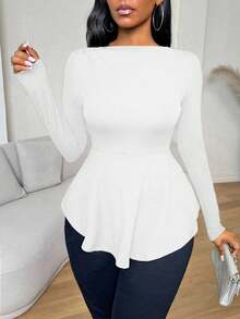 SHEIN Foxxy Slayr Solid Black Ruffle Hem Slim Fit Long Sleeve Women T-Shirt,Fall,Flared - White - View 3