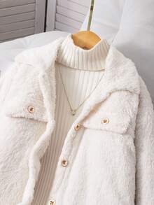 Sparklyn Girls' Solid Color Lapel Long Sleeve Cardigan With Fake Pocket Decor, Mid-Length Casual Loose Fuzzy Jacket - White - View 5