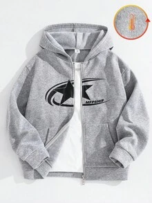 SHEIN Sudadera con capucha casual y deportiva para niños preadolescentes, 1 pieza, cómoda y versátil, cálida y muy rentable, holgada, con logo grande, patrones geométricos, bolsillo central, para otoño/invierno, adolescentes, aeropuerto, cóctel - Gris - Ver 2