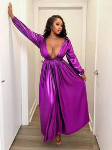 BamGleam Vestido feminino elegante com decote em V profundo e cintura marcada, manga comprida, outono - Roxa - Ver 1